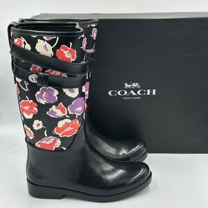 Coach Trisha II Print Rain‎ Boots Black Floral Buckle Accent Size 7B